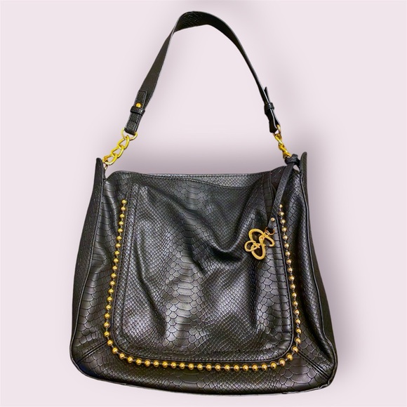 Jessica Simpson black faux snake skin gold studded shoulder bag purse tote EUC - Picture 2 of 16